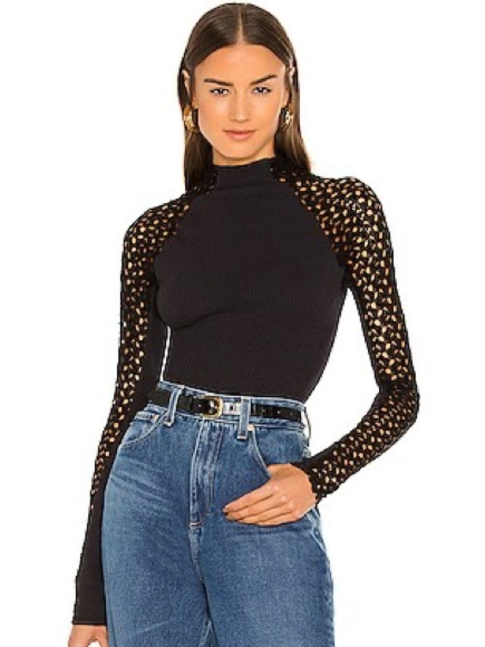 Free People Clemente Mock Neck Crochet Sleeve Top Black Size S